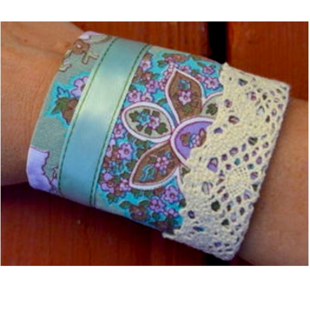 Handmade sage green lavender cotton fabric cuff bracelet Winter Shabby Chic